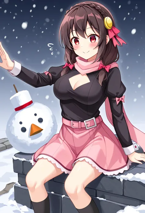 yunyun、masterpiece, top quality,  high definition ,(One person), Yunyun、名前はYunyun,  crown braid the same color as my hair,  black hair、 red eyes、 hair accessories,  hair ribbon, ( pink tie :1.2), Black long sleeve,  pink skirt,  Knee-High Socks, belt, ( ch...