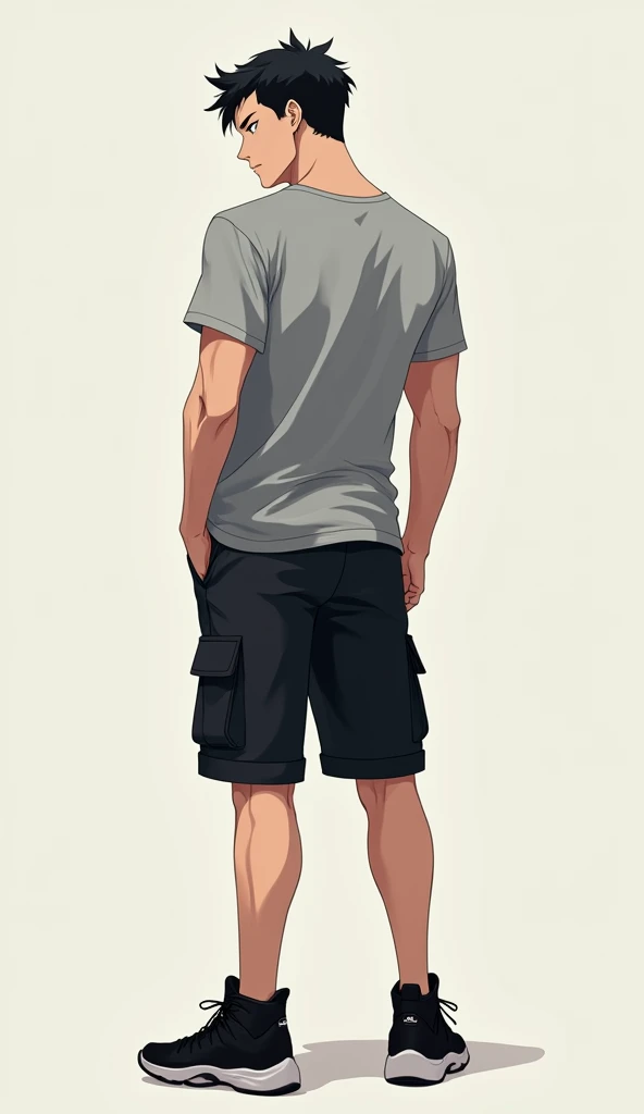 anime Handsome guy wearing a grey plain tshirt, black cargo short, black basketball shoe,standing back view shot,no background,full body