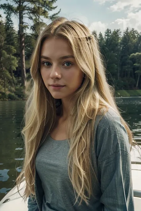 (With long, loose blonde hair), Beautiful girl on a lake