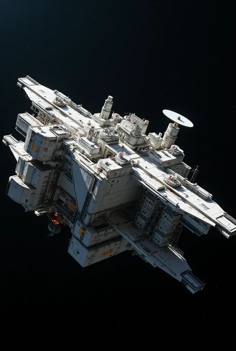 Photograph of a spacecraft space station floating in black space. Lots of containers stuck togetherWhite and grey light blue with orange logos. Highly detailed. Harsh white light. (((2001 discovery))) truss girder. Radar dish. Thin  Spines and rods at diag...