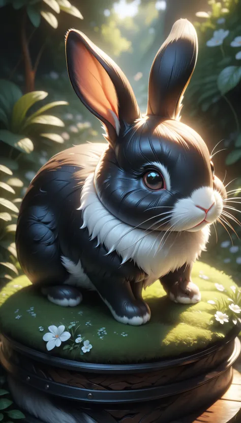 cute rabbit, black rabbit, furry rabbit, detailed rabbit, adorable rabbit, animal portrait, high-quality, 8k, hyper-detailed, photorealistic, realistic fur, beautiful eyes, detailed nose, detailed mouth, intricate details, soft lighting, natural setting, l...