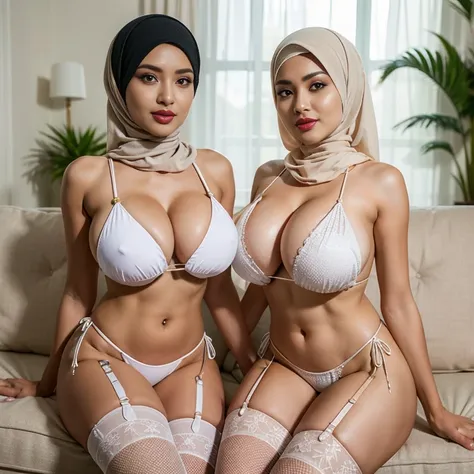 In the intimate settings of living room, two voluptuous sexually attractive hourglass figure depraved (hijabi) (Muslim) mature 35-years-old (malay women) (sit side by side on a sofa), radiating lust and sexual desire. They share the same height and body pr...