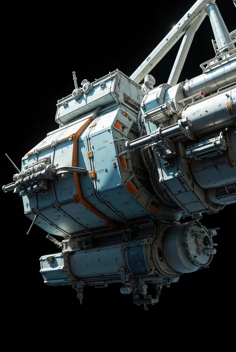 Photograph of a spacecraft space station floating in black space. Lots of containers stuck togetherWhite and grey light blue with orange logos. Highly detailed. Harsh white light. (((2001 discovery))) truss girder. Radar dish. Thin  Spines and rods at diag...