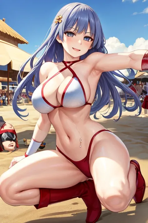 masterpiece, best quality, beautiful art, high resolution, well formed hands, body and fingers, 1 woman, solo, Miku Izayoi, blue hair, wearing a Tyris Flare bikini clad,  long hair , full body picture,  grown up, adult, large and big breasted, cleavage, ha...