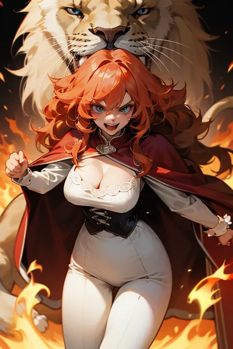 Mereoleona　  orange hair、Hanging eyes、bangs、 winks、long hair,  Idiot hair at the top of the head 、Big Breasts ,  cleavage 、blue eyes, Thighs、look,  get angry　、White blouse, stirrup pants, Sabrina pants、Red-brown cloak with cape、Anatomically Correct  、Line ...