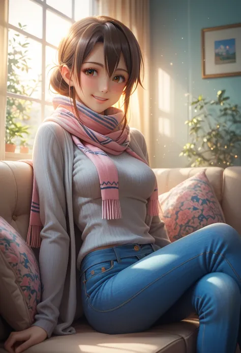 anime, Brown hair, medium breasts, brown eyes, slight smile, jeans, scarf, Gray sweatshirt, blue trousers, seat, cross-legged, inside a smart home, seat on the couch, Asada Shino&#39;s face, anime Sword Art Online, best quality, masterpiece, maximum qualit...