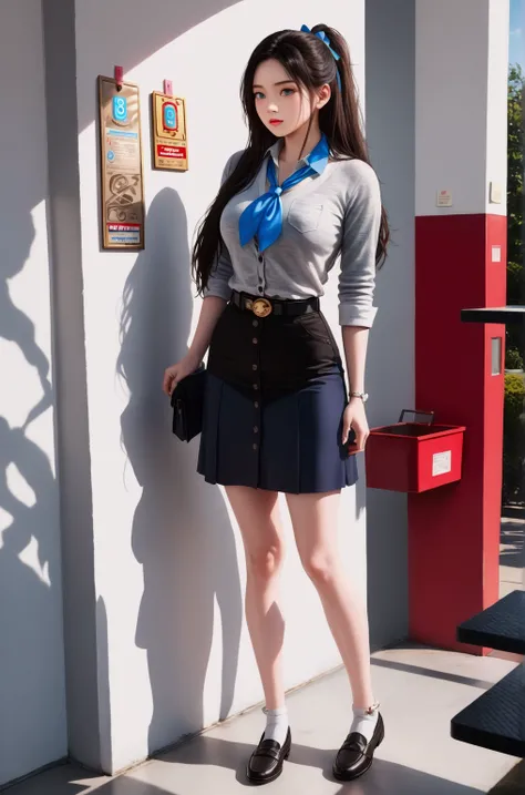 office woman, standing posed, at office room, (+forehead, black long hair, half up half down , blue hair-ribbon), dark-gray long sleeves cardigan, light-blue collared undershirt, dark-blue neckerchief, dark navy-blue skirt, black belt with gold circle buck...