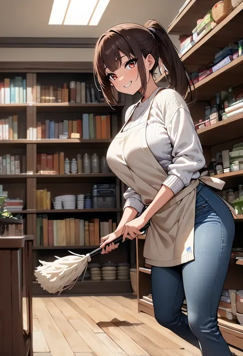 (  Masterpiece ,   top quality:1.2), One anime girl , Alone,   expressive eyes, (((Clean the high shelves in the living room))), (((Dark-haired ponytail ))). ((( straight hair))), (smile), (((Reddish brown eyes))), ((( perfect face girl))), ((( summer swea...