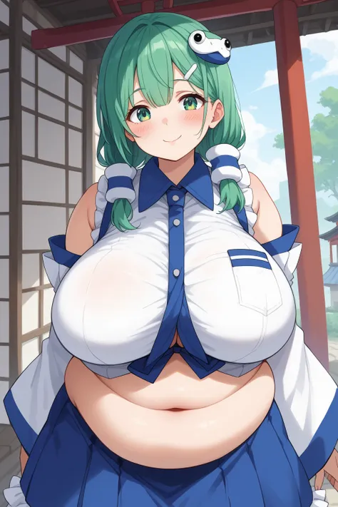 Sanae Kochiya, sanae kochiya,  green hair,  green eyes,  Hair Tube, Snake hair ornament, collared shirt,  white shirt,  Detached Sleeves,  WIDE SLEEVE ,  blue skirt,  ruffle skirt,  score_9,   score_8_up,   score_7_up,   score_6_up,   score_5_up,   score_4...