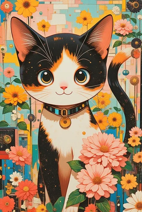   A calico with an adorable face says 「meow」,Surreal collage,a contemporary artistic collage,collage artwork,  the jacket on the new album  ,  Great Job  !! ,digital collage、(collage ),collage art,contemporary collage,mixed media collage,  Surreal +       ...