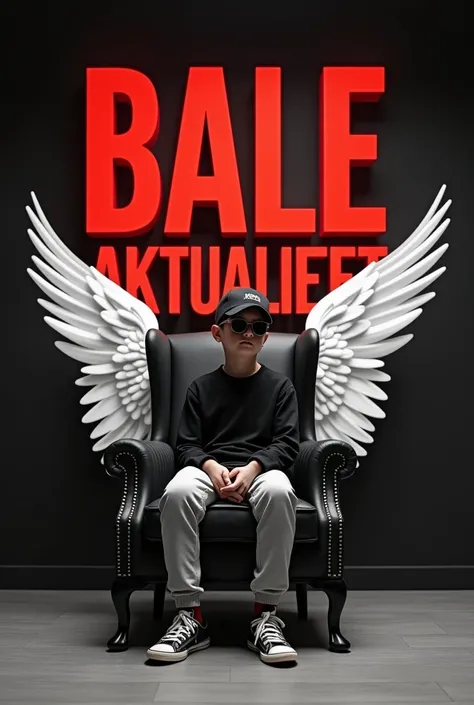 Create a 3d illusion for a Instagram profile picture where a boy in a black sits casually on a wingblack chair. Wearing sneakers, a black cricket cap, and sunglasses, he looks ahead. The background features BALE AKTUALITET in big capital red fonts on the b...