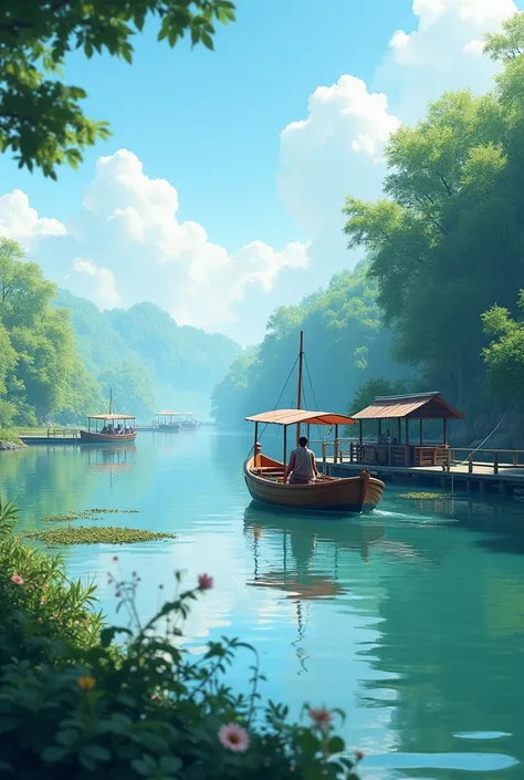  sunny day, River bank,  fishing boats at the pier, calm water, reflecting the sky ,  Realistic landscape 