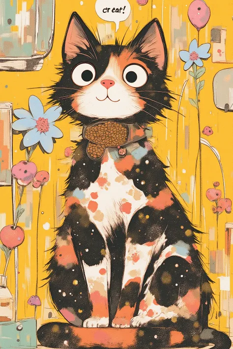   A calico with an adorable face says 「meow」,Surreal collage,a contemporary artistic collage,collage artwork,  the jacket on the new album  ,  Great Job  !! ,digital collage、(collage ),collage art,contemporary collage,mixed media collage,  Surreal +       ...