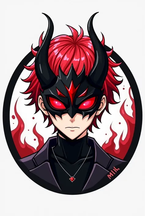  A logo circle  for a channel on  tiktok  .  Demonic  crown  should be visible on it. It should be futuristic . in anime style. Anime boy.  Red hair . Devil mask transparent background. Circular logo . Grayscaleตาสีแดง, ผมสีน้ำเงิน, ยิ้มเห็นฟัน, เขี้ยว, 