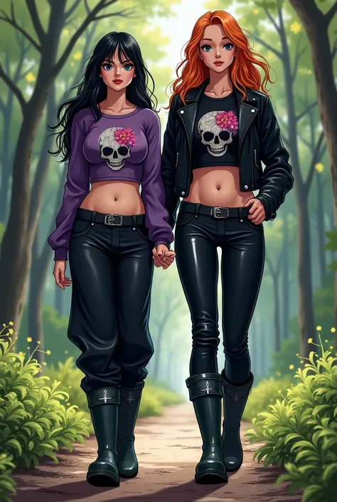 a duo (  duo ),  the first dressed with  (Nico Robin woman in rain boots, loose black rubber pants tucked inside black rain boots ,  long sleeve purple cropped t-shirt with front print with American rock n roll articles glitter destruction,  black hair, be...