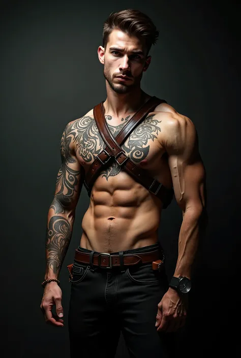 handsome man, shirtless, tattoo one arm and chest, leather harness, leather pants