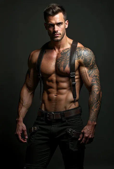 handsome man, shirtless, tattoo one arm and chest, leather harness, leather pants