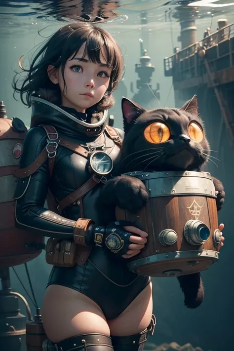  a  girl in tribal diving suit rididng  a black cat fluffy robot  ,steampunk style,  with  shield , a funnel,  a deck, a bridge ladder, an antenna, and a crankship,, many camping tool hang on back, located underwater arctic ,  cinimatic tone,  perfect ligh...