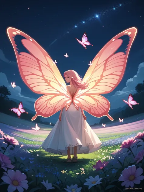 1girl, solo, alone, pink and purple butterfly, glowing wings, looking back, from the back, masterpiece, best quality, ultra detailed, flower field, butterfly, windy, night, starry sky, butterfly wings,,butterfly wings, full body