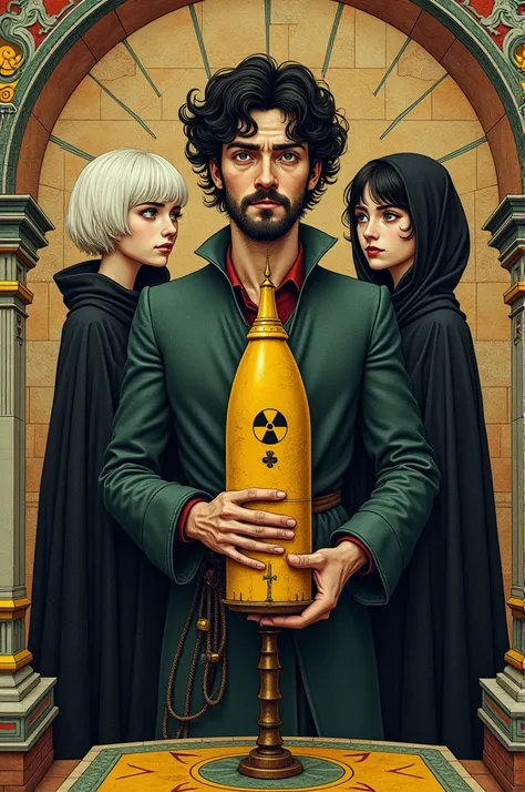 A medieval miniature depicting a man with dark curly bobbed hair and a short stubble, holding a yellow nuclear bomb with a typical nuclear symbol on it. Next to the man stands a girl in a dark cloak with short white hair. The man and the girl are looking a...