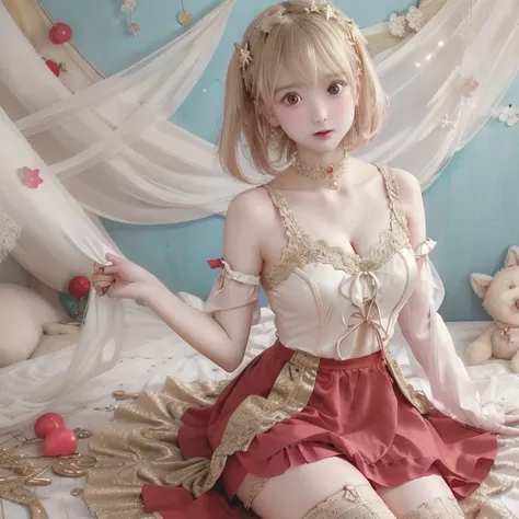  Japanese Beautiful Girls,round face、  big eyes、Droopy eyes、Blonde、 short bob from behind、 lace choker ,   princess style gothic lollies 、Pannier layered shoes 、 idol skirt that spreads in the wind, White and Gold and Red Dress ,   Max Image,  Realistic Ph...