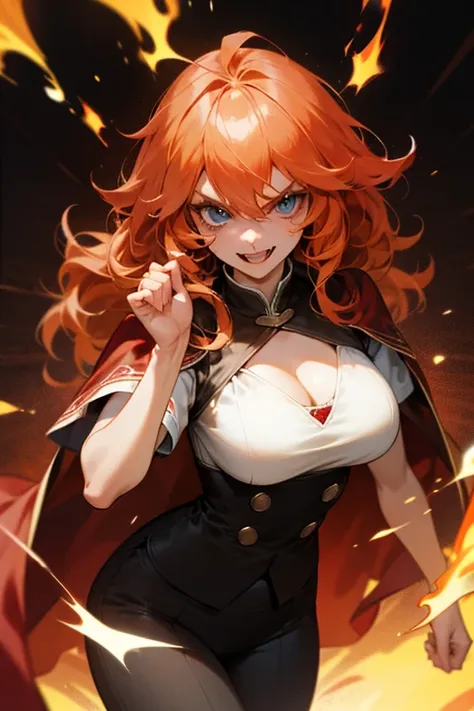 Mereoleona orange hair、Hanging eyes、bangs、 winks、long hair,  cowlick at the top of the head 、Big Breasts ,  cleavage 、blue eyes, Thighs、look,  get angry　、White blouse  with short sleeves, stirrup pants, Sabrina pants、Red-brown cloak with cape、Anatomically ...