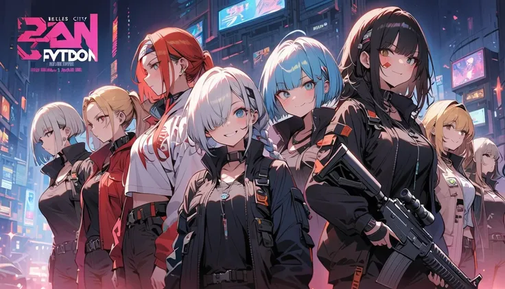  multiple women , all facing different directions,headband, Japanese Knife , assault rifle ,smile, No Emotion,Reckless attitude, Wicked Expression ,protective clothing, black hair, Silver Hair,Blonde, red hair,Blue hair bob cut, ponytail, braids , hair ove...