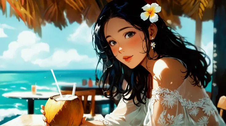 Illustrate a medium wide shot of a cheerful Asian woman in her twenties. In a restaurant by the seaside, she is sitting at the table and drinking coconut water from a coconut placed on the table top. Her fair complexity smoothly glows, accentuating her dia...