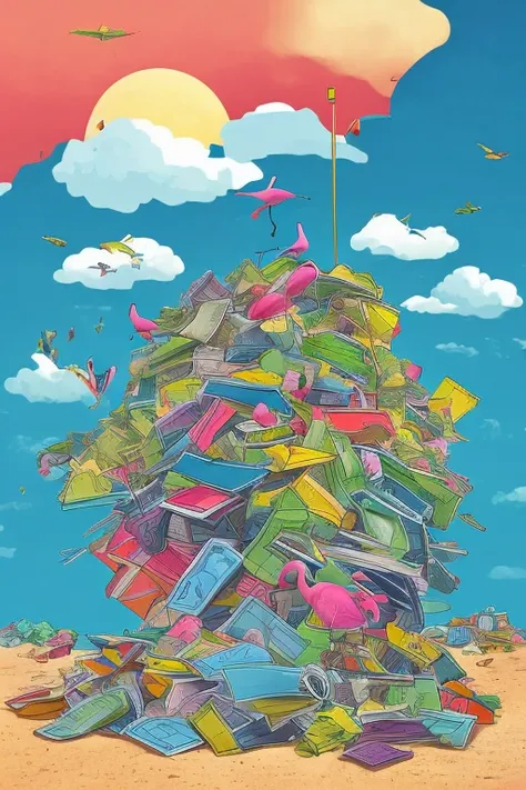 A Flamingo is standing on a pile of garbage,  official artwork,  promotional art , nihilism, album,A nostalgic and melancholic piece, Thundercloud, multi-view,  Widescreen, look up, look up, 