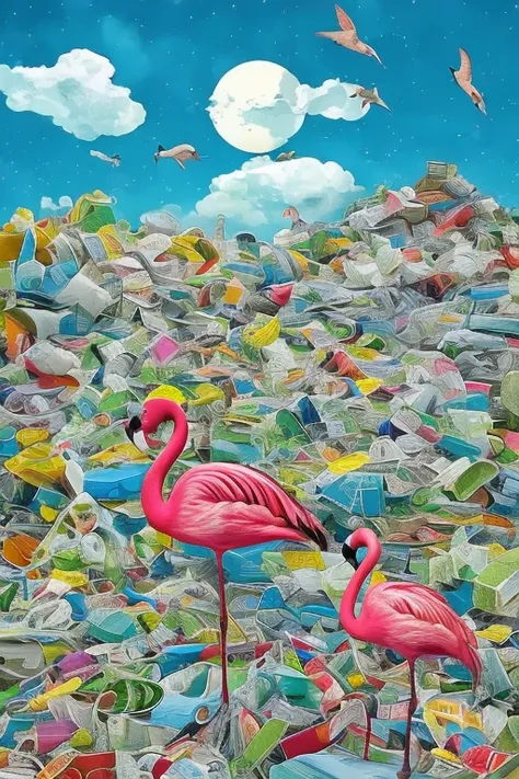 A Flamingo is standing on a pile of garbage,  official artwork,  promotional art , nihilism, album,A nostalgic and melancholic piece, Thundercloud, multi-view,  Widescreen, look up, look up, 