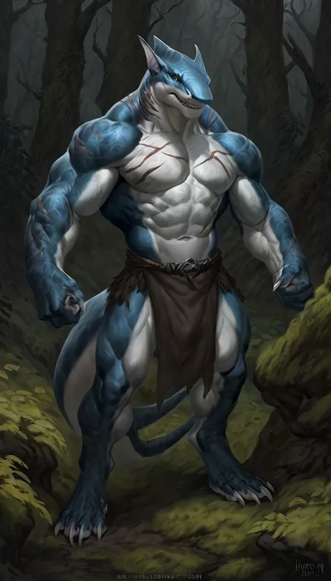 Muscular anthro shark, solo, fighter, scars on body, 1male solo, small waist, thick shark tail, marked detailed jaws, pants with loincloth, full body, comicbook style, best quality, 4k, ultra-detailed, by laobai, by taran fiddler, by honovy, by null-ghost,...