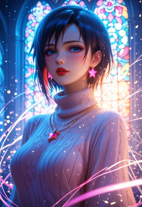 upper body: adult woman, Galactic aura,short dark hair, corduroy turtleneck sweater burgundy, huge boobs, star earrings, necklace, despair expression, red lips, , highly detailed 4k resolution, volumetric lights, crispy colors, cowboy shot, finely detailed...