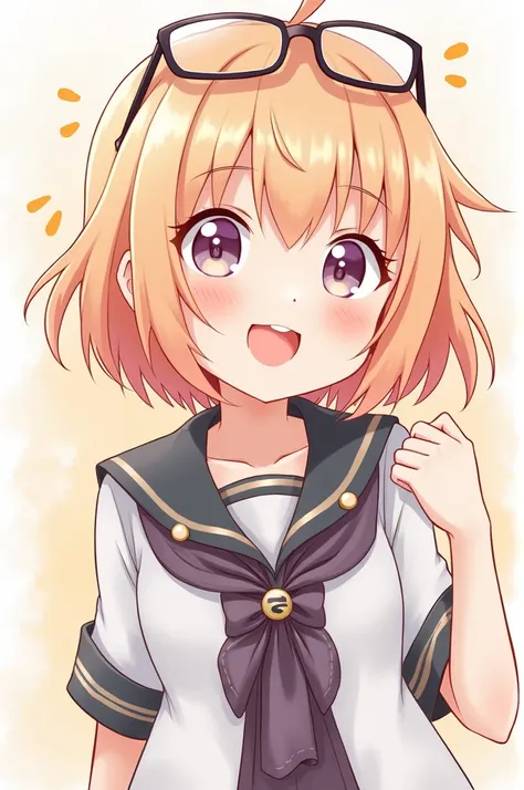 Light peach hair, glasses on the top of the head, uniform clothes, I want it as anime