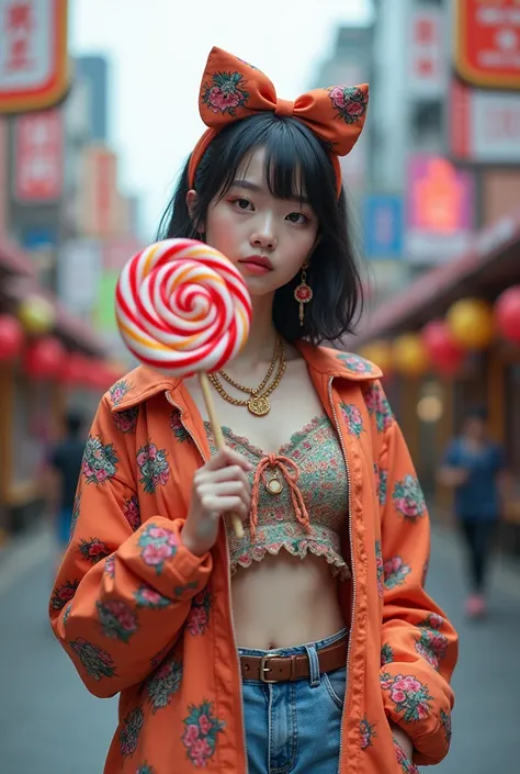 A vibrant teen girl with intricate Japanese-Korean features, adorned in a bold, eclectic Harajuku-inspired outfit, grasping a gigantic, swirly lollipop, set against a kaleidoscopic street backdrop, boasting ultra-realistic textures, and exuding a playful, ...