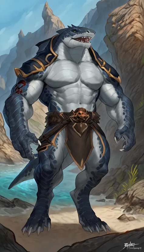 sharkman, gray belly, black and blue hands and fins, black back, wearing adventurer clothers, solo, big arms, koholasaurus from genshin impact, bara, lizard shark hybrid, anthro, closed mouth, naked, detailed scales, muscular, thick scales on arms and legs...