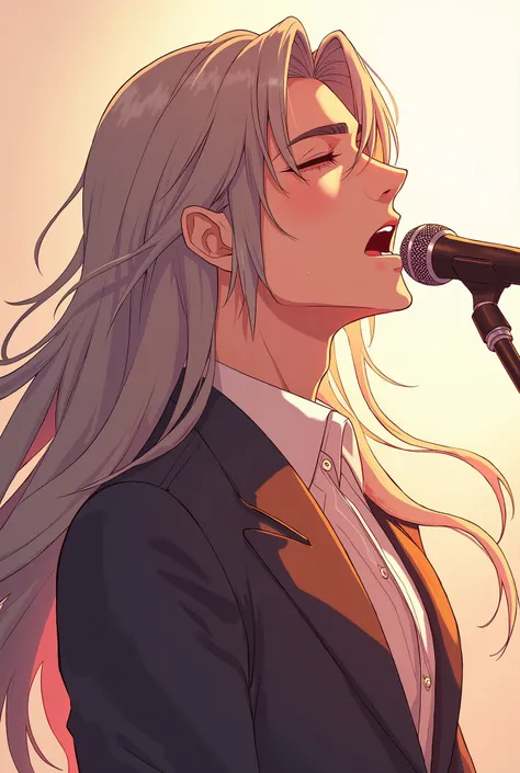 I want you to use an anime image that can be used as a profile image。
 Please give me an illustration of a neutral handsome guy with long hair singing。