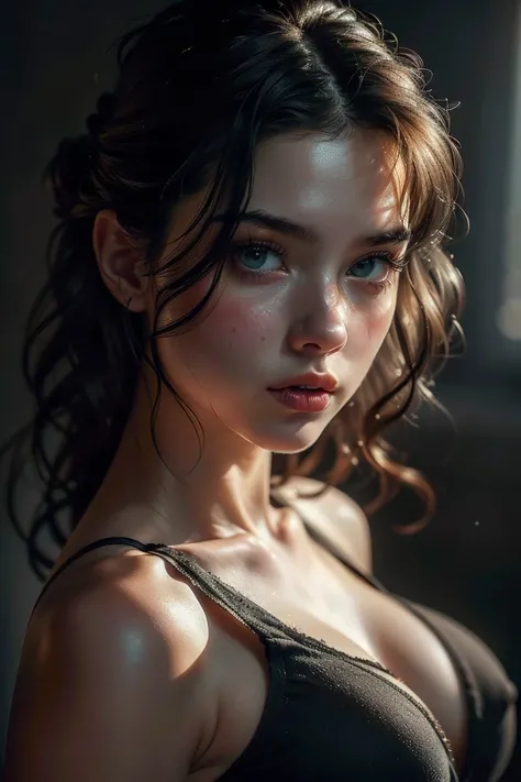 (((ultra realistic))) Photo, masterpiece, top quality, pale skin, (Ultra detailed face and eyes:1.2), 1 girl, gloomy atmosphere, Dark background, (Eye makeup, mascara) , ((Dark wavy hair)) , ((Stylish hairstyle)) , Natural breasts, [[Slim waist, slender bo...