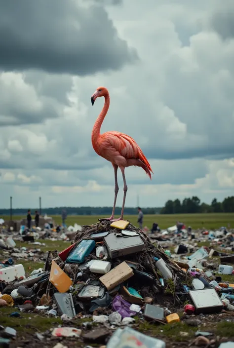 A Flamingo is standing on a pile of garbage,  official artwork,  promotional art , nihilism, album,A nostalgic and melancholic piece, Thundercloud, multi-view,  Widescreen, look up, look up, 開いた傘,スーツの男