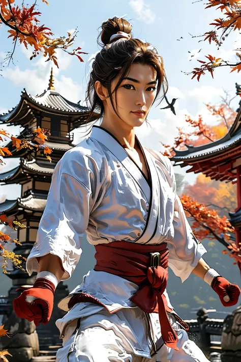 realistic, multiple fighters flying in the air, 1woman:2.0 (mature asian beauty, freckles, looking at viewer, karate gi, dougi, ponytail, fighting stance, standing, belt, barefoot, gloves, clenched hands, long hair, brown hair, teeth, white pants, outdoors...