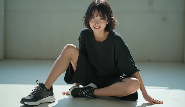  absurdres,, ( 1 girl:1.2),  ( abs:1.23),Huge_chest、unity dynamism,  forward leaning position、She looks away,  loose fit garment、 blurry background、Sagging chest、 happy expression、 sitting、 cross your legs 、(black clothes:1.5)、Nike sneakers 、sneaker commer...