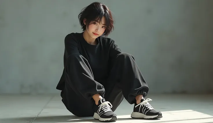  absurdres,, ( 1 girl:1.2),  ( abs:1.23),Huge_chest、unity dynamism,  forward leaning position、She looks away,  loose fit garment、 blurry background、Sagging chest、 happy expression、 sitting、 cross your legs 、(black clothes:1.5)、Nike sneakers 、sneaker commer...