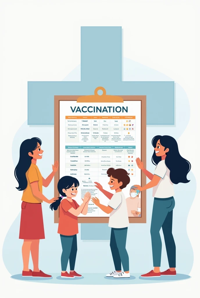 A vaccination schedule with a cross in the background and happy vaccinated ren 