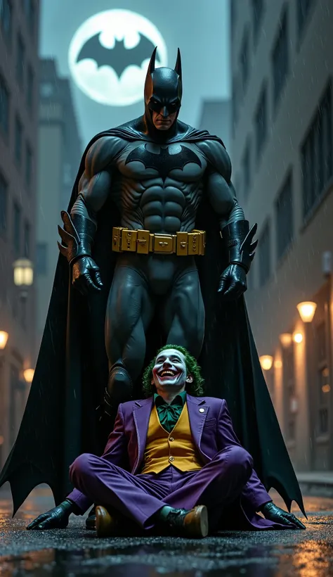 "Batman towers over a defeated Joker in a rain-soaked Gotham alley. The Joker sits on the ground, his makeup smeared, laughing maniacally despite his defeat, while Batman grips his cape, silhouetted by the Bat-Signal in the sky."