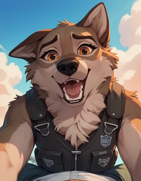 score_9, score_8_up, score_7_up, score_6_up, wolf, open mouth, outdoors, sky, day, blue sky, no humans, dog, animal focus, animalization, 1girl, wolf, animal, body fur, doggystyle pov, wearing a bulletproof dog vest 