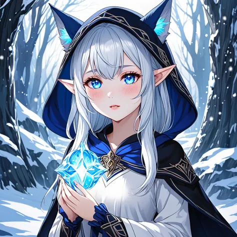 Pretty lady, elven ears, snow white wolfcut, icy blue eyes, white skin, wearing white shirt covered with cool blue and black mage, blush, magnificent background, shy, Glowing Eyes, 