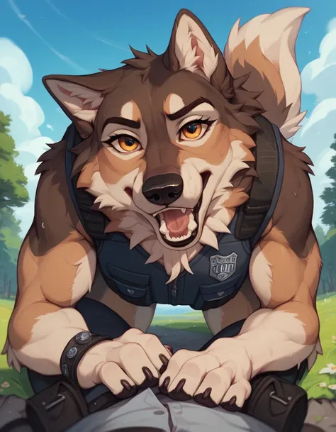 score_9, score_8_up, score_7_up, score_6_up, wolf, open mouth, outdoors, sky, day, blue sky, no humans, dog, animal focus, animalization, 1girl, wolf, animal, body fur, doggystyle pov, wearing a bulletproof dog vest 