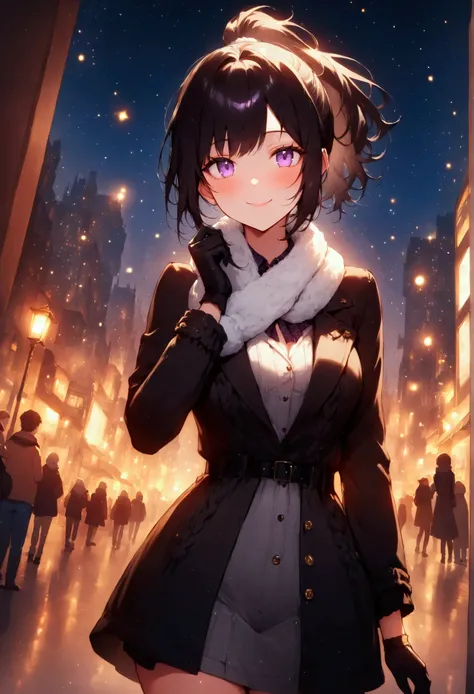 (masterpiece),(absurdres),(perfect detailed),(solo lady,(23-year-old),shiny black hair,shiny purple eyes,short highponytail,(1white ribbon;1.1),(middle breast:0.7),( winter casual fashion),( wrap a scarf around your neck:0.9),(gloves:1.0),(white breathing)...