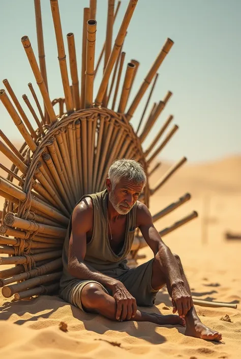 A man is sitting on the ground in the sand, making a very large, strange helicopter out of bamboo. The picture looks real.