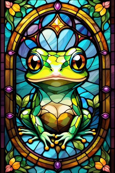 2D Stained Glass window, cute frog in window frame. dungeons and dragons art. symmetrical design, in the style of stained glass. Digital stained glass style. pastel color scheme