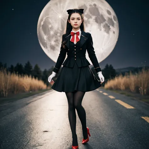 photo of edelgard_academy, hair ribbon, black jacket, black dress, ascot, red pantyhose, white gloves, high heels, walking on battlefield, moonligth, full moon, young, teen, (skinny), small , petite, 1 girl, (((3d, video game))),masterpiece, best quality, ...